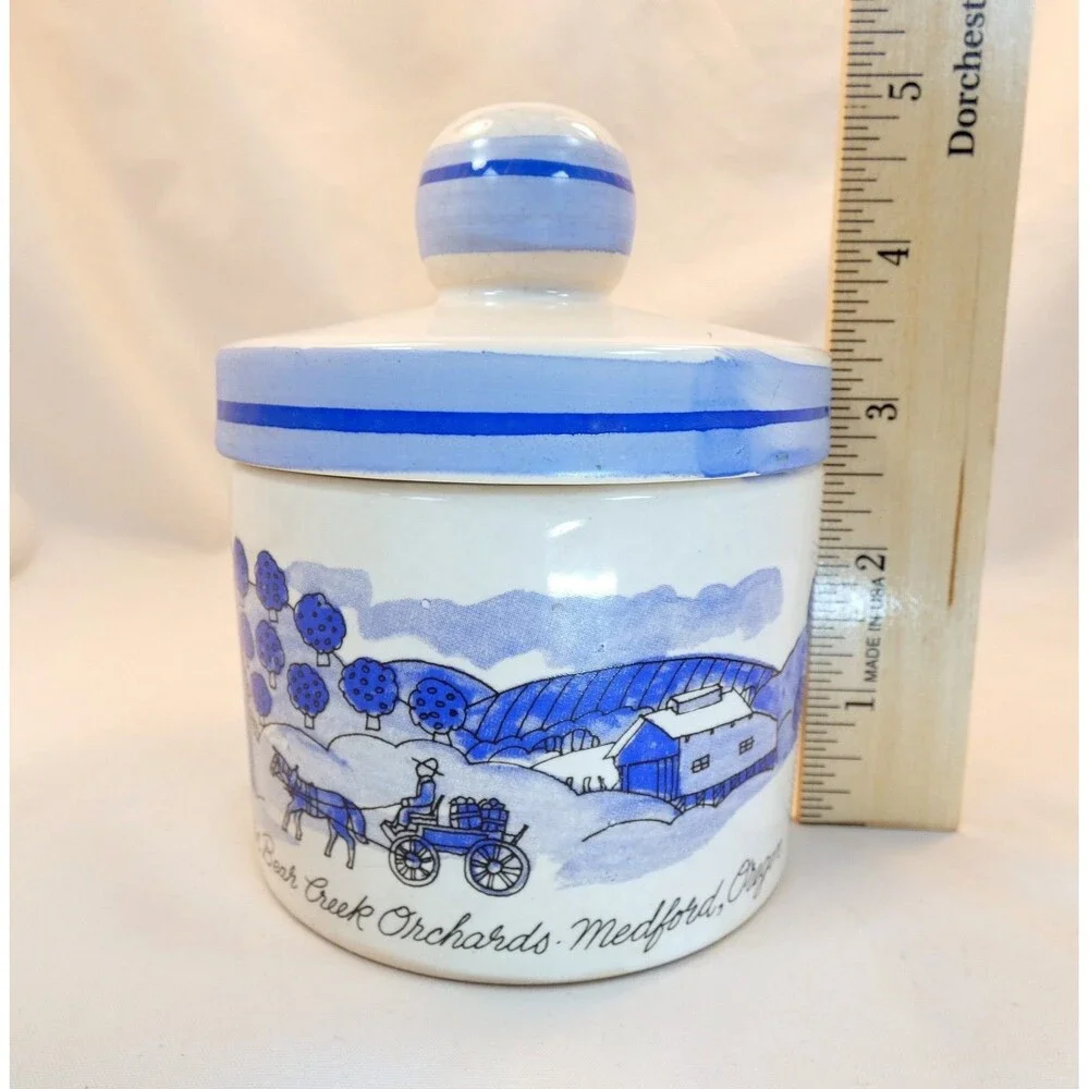 Harry & David Bear Creek Orchards Blue & White Jam Jar 5